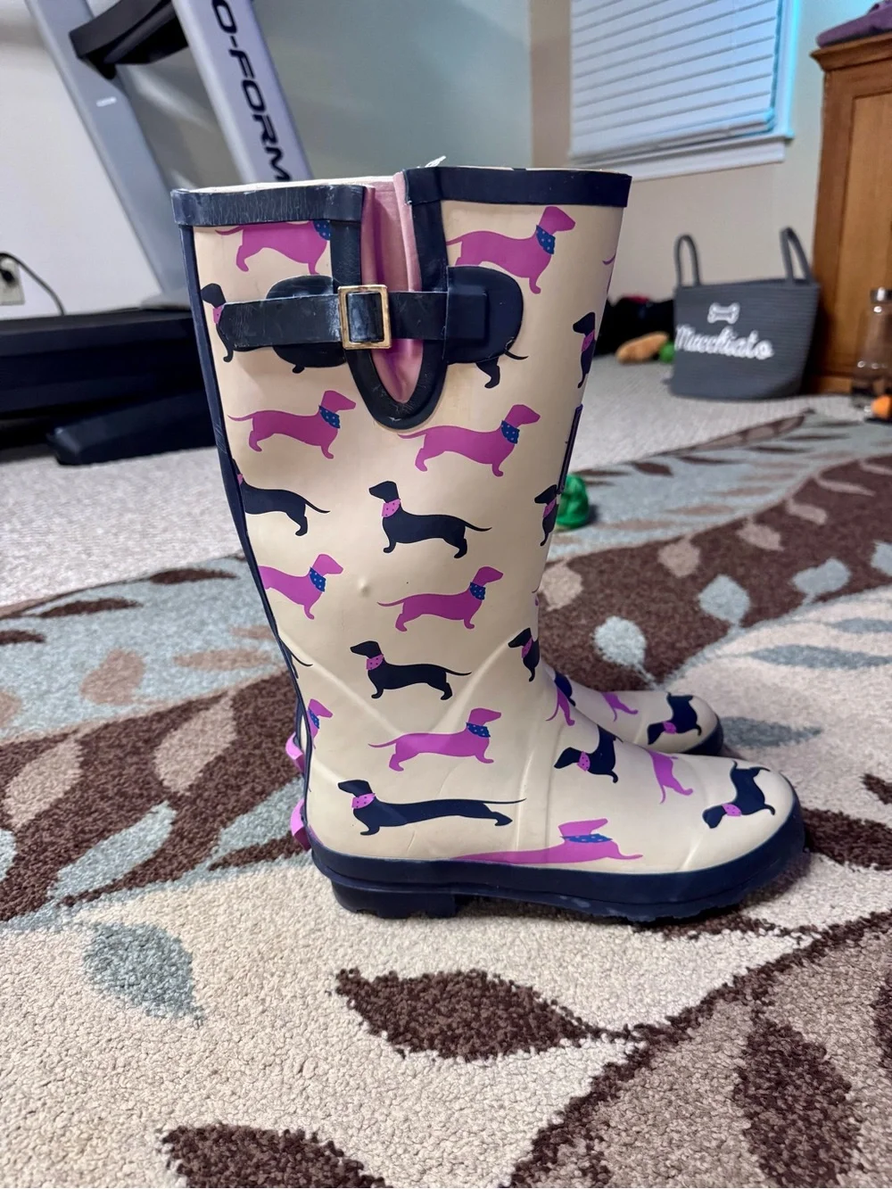 Dachshund Dog Print Rain Boots Womens 10 Cream Pink Rubber Wellington